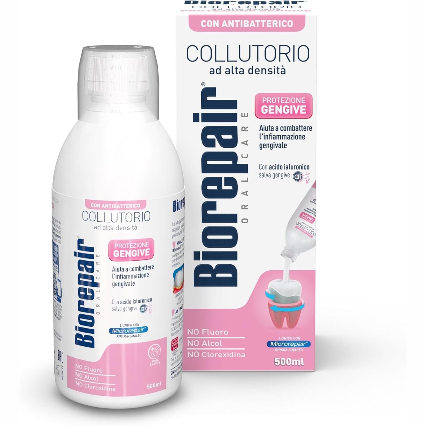 319006 - Biorepair Shpëlarës Goje me Dendësi të Lartë, 500 ml, mbrojtje e mishrave të gingivave, me acid hialuronik dhe zink antibakterial, pa fluor, pa alkool, pa klorheksidinë