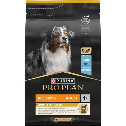 214066 - PURINA Pro Plan | I lehtë/i sterilizuar | Qen i rritur | Të gjitha madhësitë | Ushqim i thatë me proteina të larta | Me peshk të bardhë | Nxit menaxhimin e peshës | Qese | 3KG