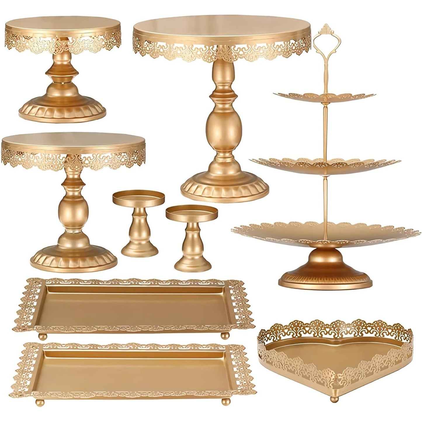 292450 - EIDOCT Set prej 9 stendash metalike për torta, ngjyrë ari, Set stendash metalike të rrumbullakëta për torta, mbajtëse për kek të vegjël, Pjata për shfaqje ëmbëlsirash për festa ditëlindjeje, dasma, stenda për shfaqje ëmbëlsirash për çaj pasdite