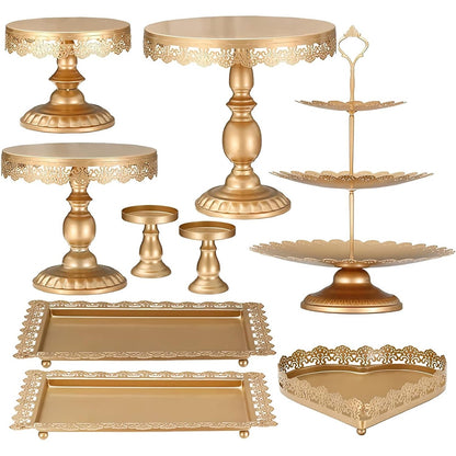 292450 - EIDOCT Set prej 9 stendash metalike për torta, ngjyrë ari, Set stendash metalike të rrumbullakëta për torta, mbajtëse për kek të vegjël, Pjata për shfaqje ëmbëlsirash për festa ditëlindjeje, dasma, stenda për shfaqje ëmbëlsirash për çaj pasdite