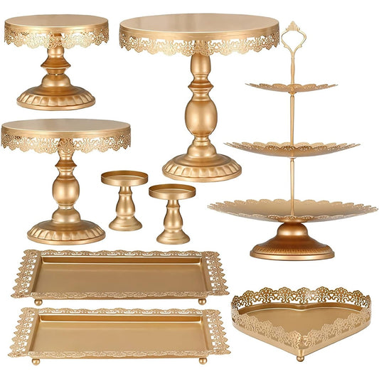 292450 - EIDOCT Set prej 9 stendash metalike për torta, ngjyrë ari, Set stendash metalike të rrumbullakëta për torta, mbajtëse për kek të vegjël, Pjata për shfaqje ëmbëlsirash për festa ditëlindjeje, dasma, stenda për shfaqje ëmbëlsirash për çaj pasdite