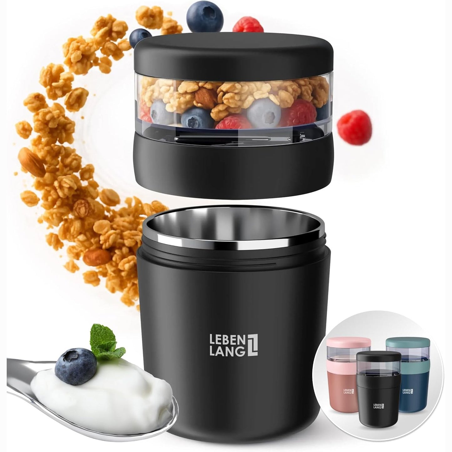 233994 - LIFELONG Filxhan për Musli me Lugë, 650ml, mur i brendshëm çelik inoks izolues, filxhan për musli me 2 gota 500ml + 150ml