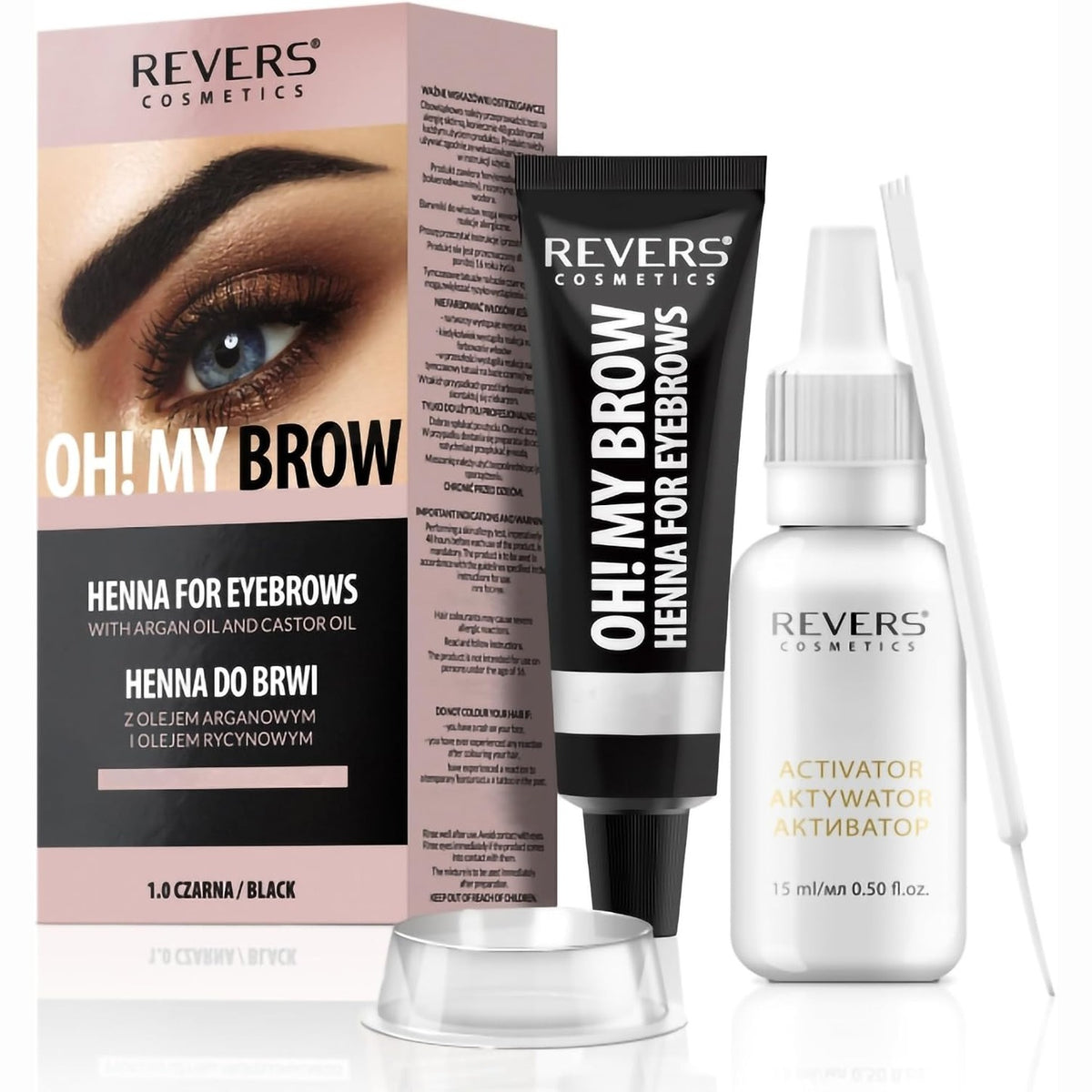 306811 - REVERS COSMETICS Ngjyrë vetullash Black 1.0 me vaj argani dhe vaj ricini, rezultat natyral, zgjat deri në 4 javë, 15+ aplikime.