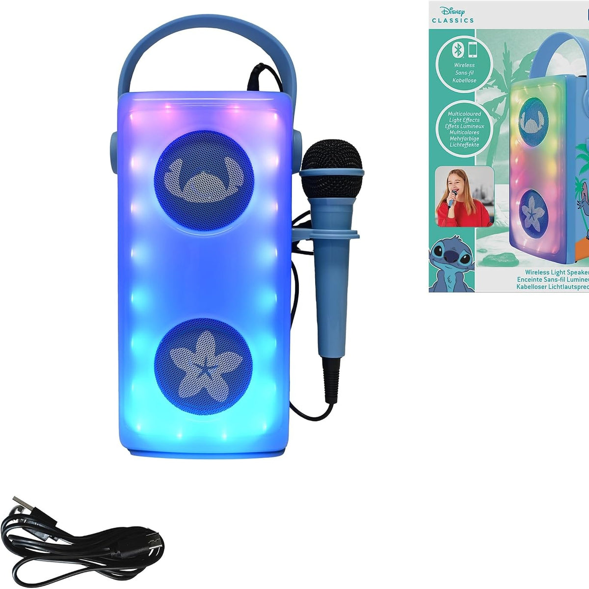 299176 - LEXIBOOK DISNEY STITCH, Altoparlant pa tel Bluetooth® me mikrofon të ndriçuar, Efekte drite shumëngjyrëshe, Vend për kartë SD/TF, Bateri e rikarikueshme, Kapacitet: 10W, Ngjyra: Blu, Model: BTP185DZ