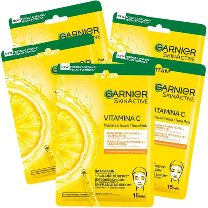 272220 - GARNIER Maska Skin Active Hydra Bomb, Hidratuese dhe Ndriçuese, Me Vitaminë C dhe Acid Hialuronik, Pako me 5 copë