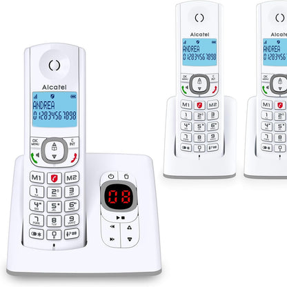272849 - ALCATEL Telefon F530 Voice Trio pa tel DECT me sekretarinë telefonike, ekran i madh me ndriçim nga prapa, altoparlant, funksion bllokimi thirrjesh, 2 taste thirrjeje të shpejta, 3 aparate - E bardhë/Gri