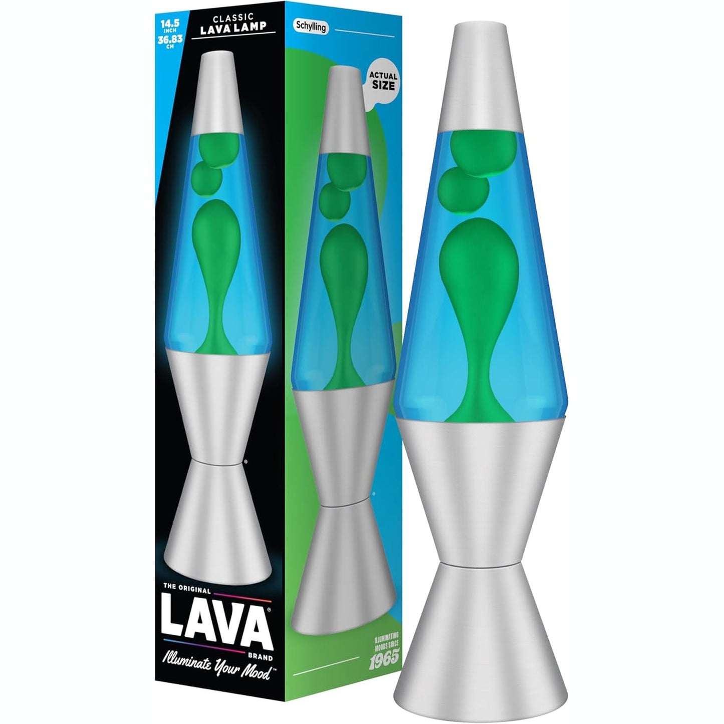 222367 - LAVA® - Llambë Lave 2124, 14.5 inç, dyllë jeshile, lëng blu, bazë dhe kapak argjendi, llambë lëvizëse origjinale