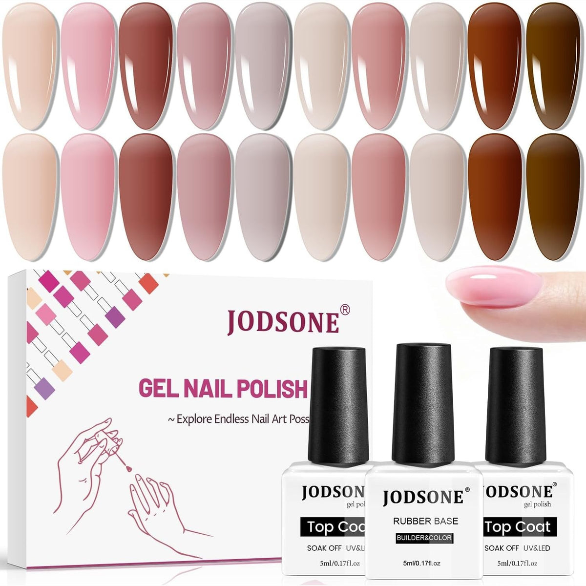 312175 - JODSONE Set xheli me 10 ngjyra, Bazë, Ndërtues dhe Ngjyrë 3 në 1, Llak xheli me mbulim të lartë