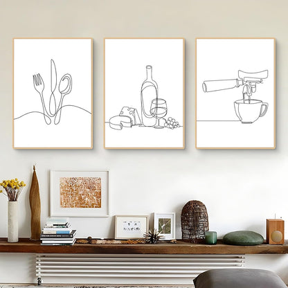 238513 - Set me 3 postera për piktura kuzhine, art muri bardh e zi, art modern abstrakt premium, printime arti në kanavacë, dekor kuzhine, pa kornizë