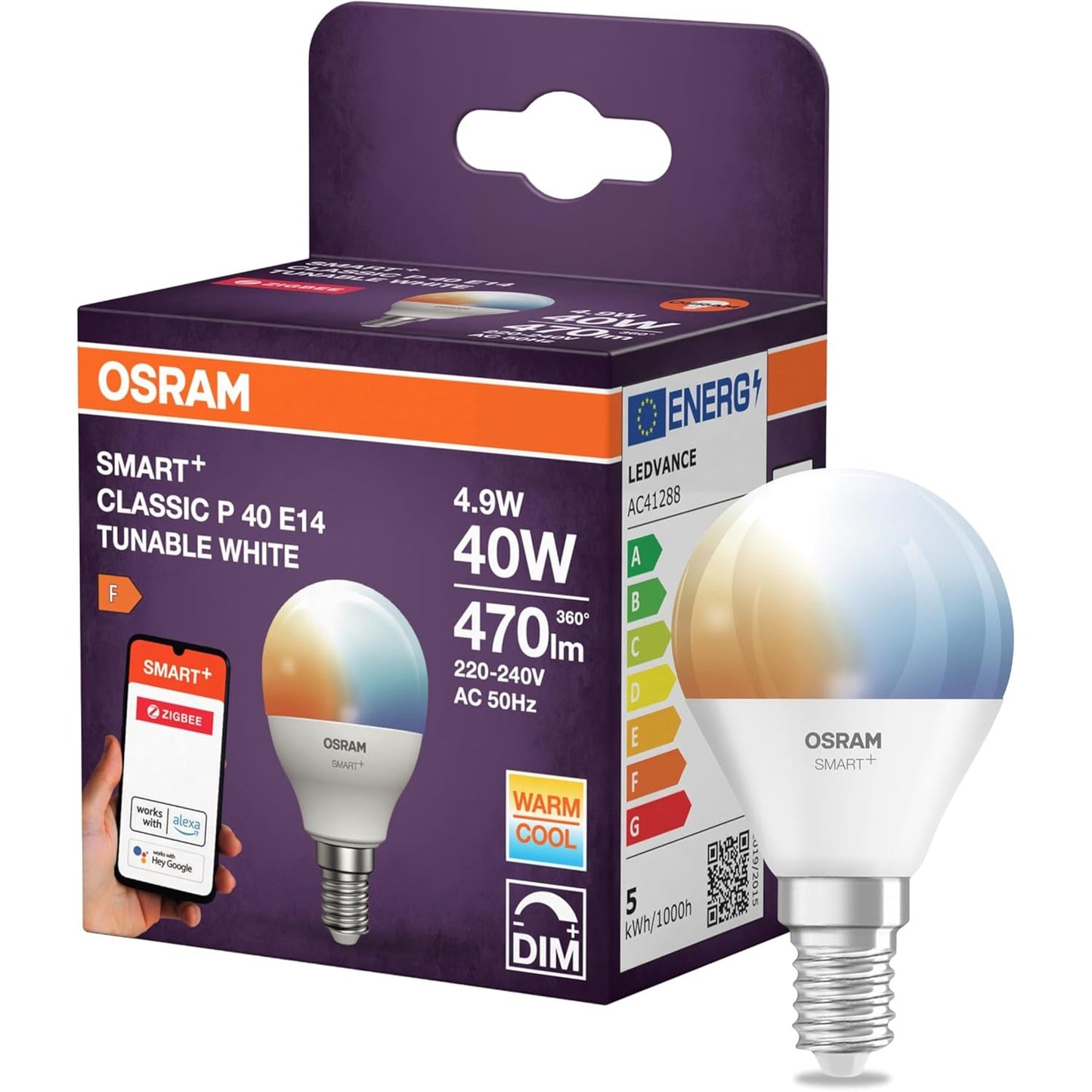 186180 - OSRAM Llampa LED Formë Mini Ball P40 E14, 4.9W, ZigBee 3.0, Ngjyra e Bardhë e Rregullueshme 2700-6500K, E Errësuar, Kontroll Nga Aplikacioni, Kompatibile me Alexa