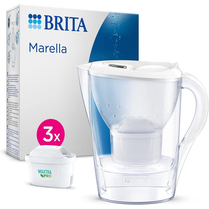 251306 - BRITA Marella Enë filtri për ujë të bardhë (2.4L) me 3 fishekë MAXTRA PRO, redukton PFAS, gëlqeren, klorin, papastërti dhe metale, me tregues kohe, paketim ekologjik.