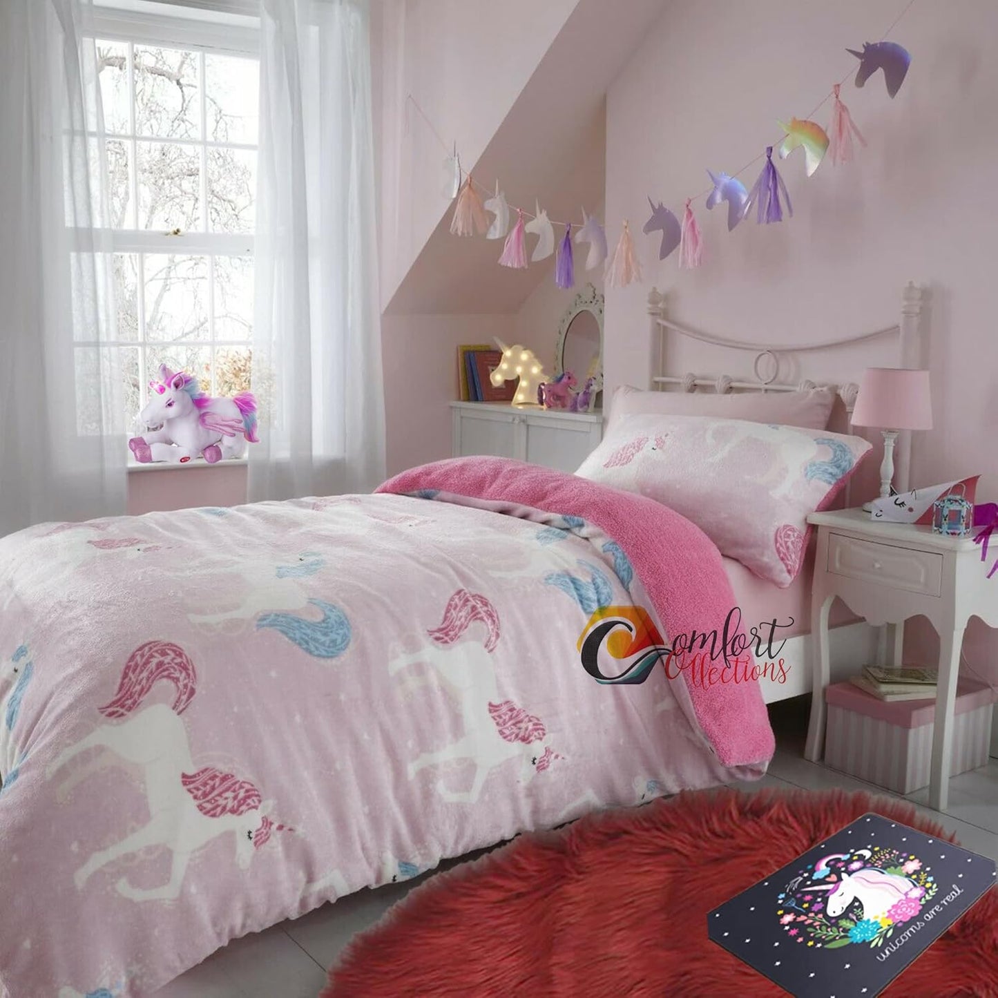 251588 - Set Çarçafësh me Njëbrirësh për Fëmijë të Vegjël, prej Leshi prej Pelushi, 135 x 200 cm, Rozë