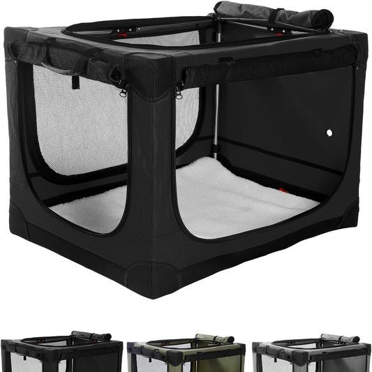 250096 - DERIMKCOA Kafaz i palosshëm për qen të mesëm, Kuti transporti për qen me makinë me dizajn të rregullueshëm, Dritare rrjetë rezistente ndaj grisjes dhe mbulesë shtrati prej pelushi për shtëpi dhe udhëtim, 90 * 64 * 64cm, e zezë
