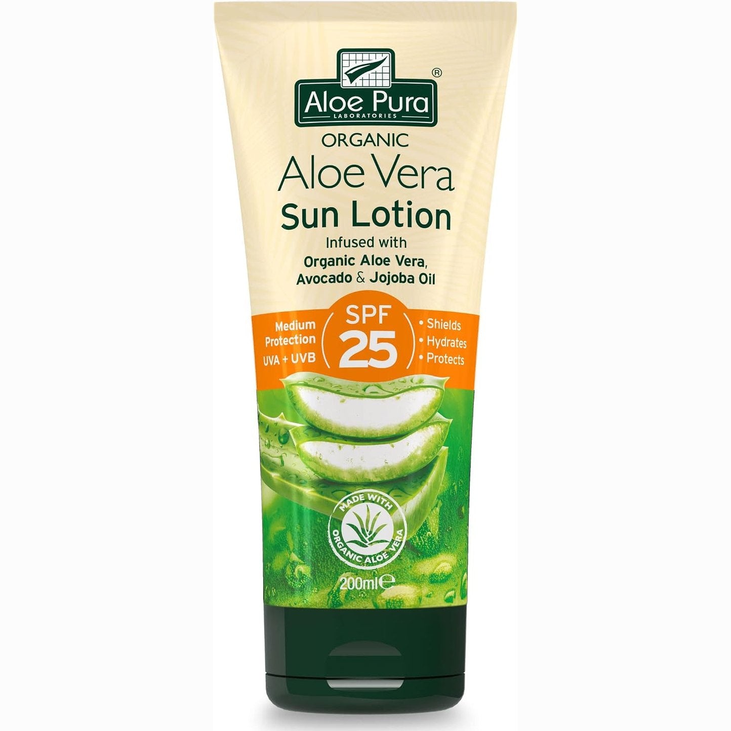 321573 - ALO PURA Losion mbrojtës nga dielli Aloe Vera SPF 25, 200ml, Natyral, Vegjetarian, Pa mizori, Pa parabene dhe SLS