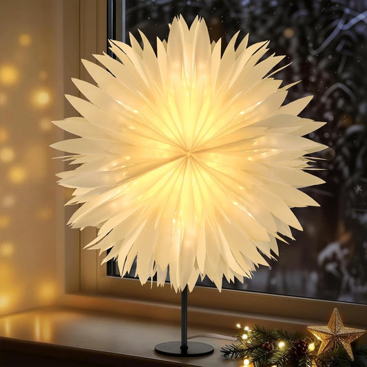 192369 - LEWONDR Llambë Tavoline Krishtlindjesh 3D me Yje Letre, Ylli i Krishtlindjes 45cm i Ndriçuar me Llambë LED E14, Bazë Hekuri për Festa të Brendshme