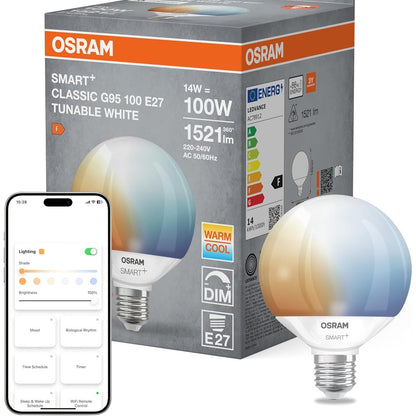 293837 - OSRAM - Llampë LED SMART+ Globe 95 E27, e akordueshme, me errësim, WiFi, 14W, 2700-6500K, pajtueshme me Matter