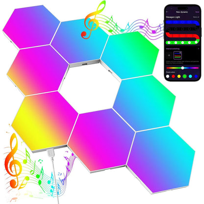 191262 - LED - Dritë gjashtëkëndëshe e murit për lojëra, me 8 panele RGB të mëdha (15 x 12.9cm), sinkronizim muzikor, ideale për dhomën e ndenjes, dhomën e gjumit, dhe dekorim lojërash