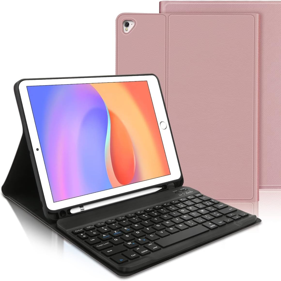 296006 - IVEOPPE Kuti tastiere për iPad 9.7 inç, gjenerata e 6-të 2018/iPad 5th, Bluetooth, versioni francez, rozë