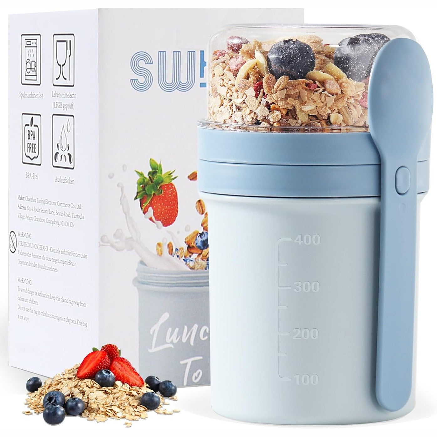229876 - SWKIEN Filxhan Musli për të marrë me vete, kapacitet 450ml+250ml, me lugë, Tenxhere për drekë (Nordic Blue)