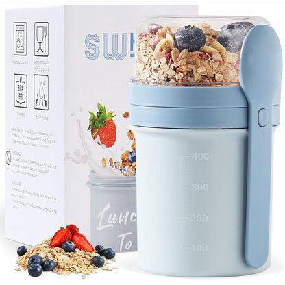 229876 - SWKIEN Filxhan Musli për të marrë me vete, kapacitet 450ml+250ml, me lugë, Tenxhere për drekë (Nordic Blue)