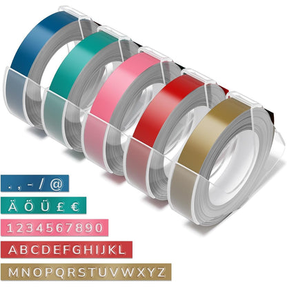 310422 - VOLENGO Shirita stampimi për krijuesit e etiketave Dymo, i pajtueshëm me makinat Dymo Omega, 9 mm x 3m, 5 rrotulla, ngjyrat: i artë, i kuq, rozë, jeshil, blu