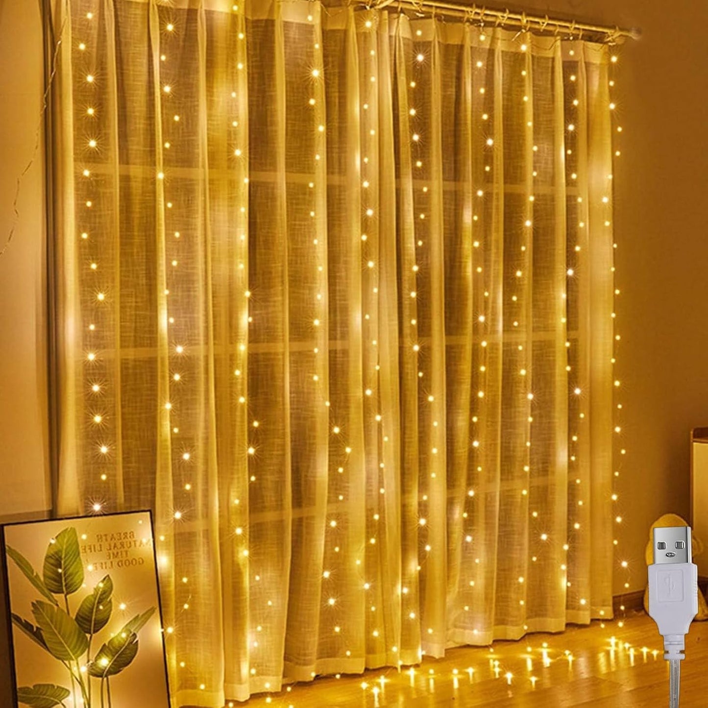 224389 - A.bigwhale - Drita perdeje 2 x 2 m, 200 LED me tela bakri, të bardha të ngrohta, energji USB