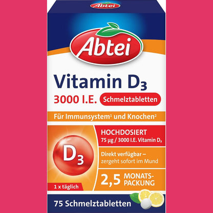 298847 - ABTEI Vitamina D3 3000 IU - mbështet sistemin imunitar dhe kockat - 75 tableta që shkrihen në gojë me aromë limoni, pa gluten, pa laktozë dhe vegjetariane