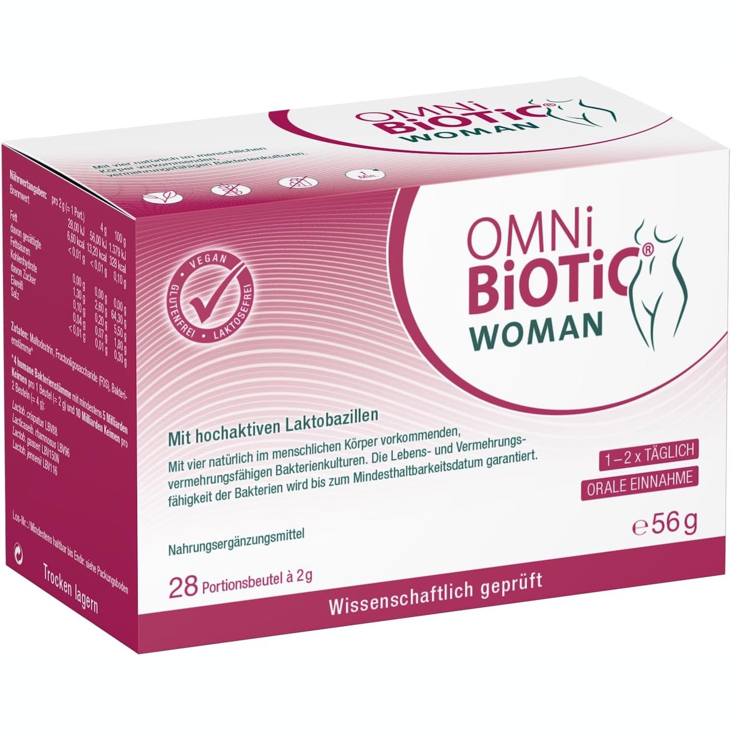 315916 - OMNi BiOTiC WOMAN, 4 lloje bakteriale, 10 miliardë CFU për dozë ditore, pluhur, vegan, pa gluten, pa laktozë, 28 racione
