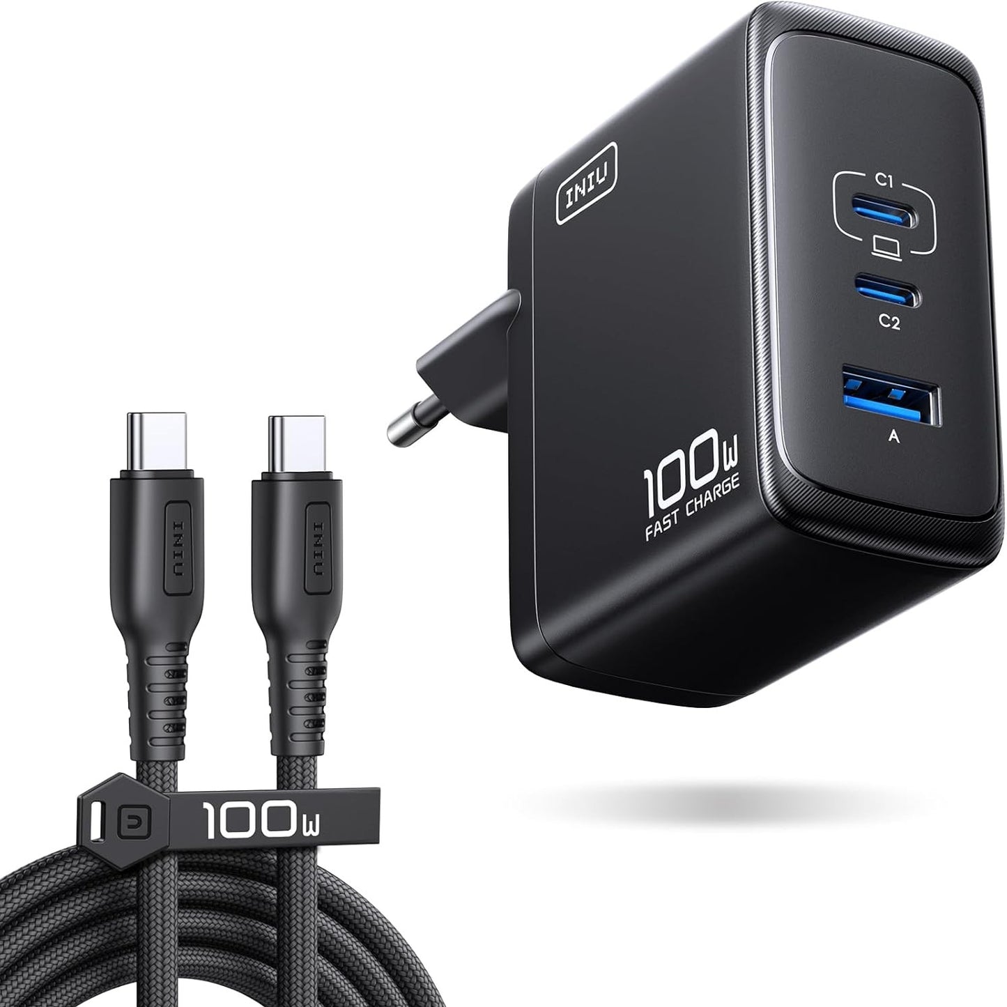 273431 - INIU Karikues USB-C i shpejtë 100W me 3 porta, Adaptor GaN për MacBook Air Pro, iPad, iPhone 17 16 15 Pro Max, Samsung Galaxy S25 S24 Ultra, Pixel, Switch 2