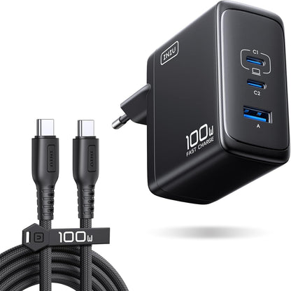 273431 - INIU Karikues USB-C i shpejtë 100W me 3 porta, Adaptor GaN për MacBook Air Pro, iPad, iPhone 17 16 15 Pro Max, Samsung Galaxy S25 S24 Ultra, Pixel, Switch 2