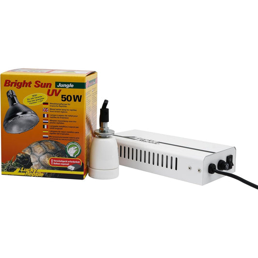208039 - LUCKY REPTILE Set i Plotë Bright Sun UV Jungle - Llambë Halide Metalike 50W me Prizë dhe Balast - Llambë Ngrohëse për Reptilë me Prizë Qeramike Rezistente ndaj Nxehtësisë - Aksesorë për Terrarium, 1 copë (1 pako)