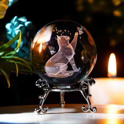185210 - HDCRYSTALGIFTS Top Kristali për Mace me Mbështetëse, Sferë Kristali Dekorative e Gdhendur me Lazer 3D, Madhësi 2.5 inç, Transparente