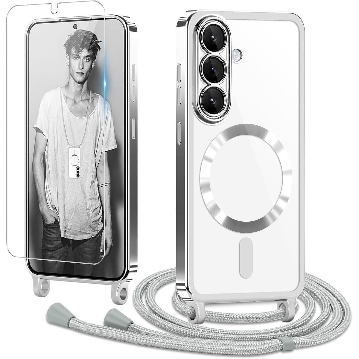 320319 - ETHANGER Mbrojtëse Telefoni me Rrip për Samsung Galaxy S26, Mbrojtëse Ekrani prej Xhami, Mbrojtëse Telefoni prej Silikoni Transparente me Mbrojtëse Magnetike, Argjend