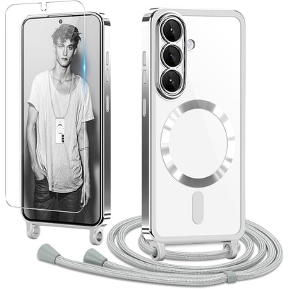 320319 - ETHANGER Mbrojtëse Telefoni me Rrip për Samsung Galaxy S26, Mbrojtëse Ekrani prej Xhami, Mbrojtëse Telefoni prej Silikoni Transparente me Mbrojtëse Magnetike, Argjend