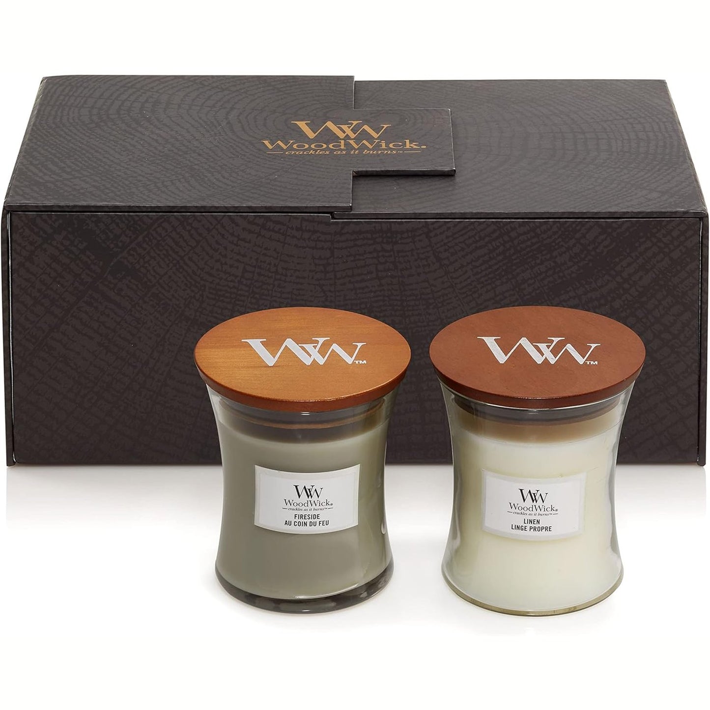 195389 - WOODWICK Set Dhurate me Qirinj Aromatikë Fireside & Linen në Gotë Rëre, me Fitila Kërcitëse, Kohë Djegie deri në 60 Orë Secili, Paketim Dhurate