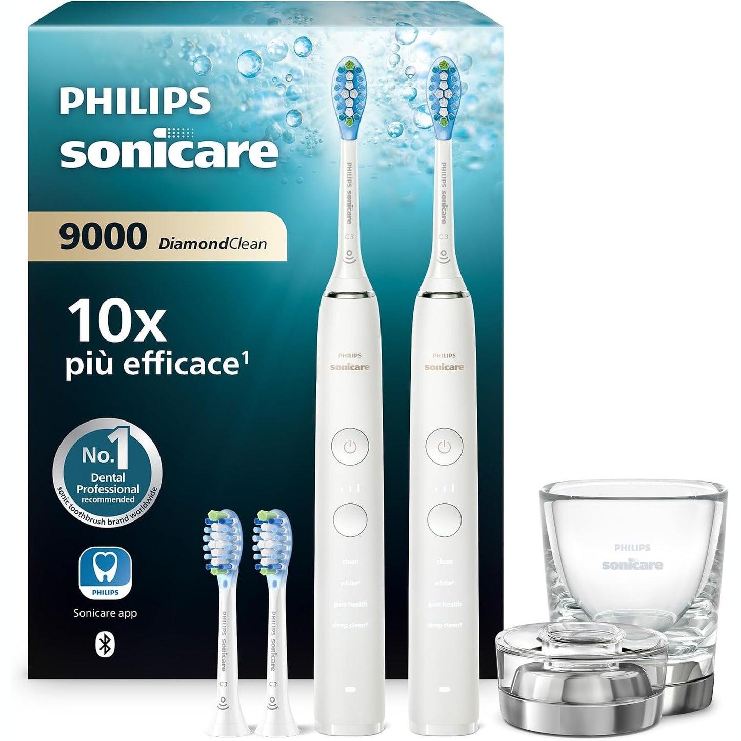 315071 - Furçë dhëmbësh elektrike Sonicare DiamondClean 9000, pako me dy pjesë, sensor presioni, 4 mënyra pastrimi, 3 nivele intensiteti, xham karikimi, e bardhë, HX9914/62