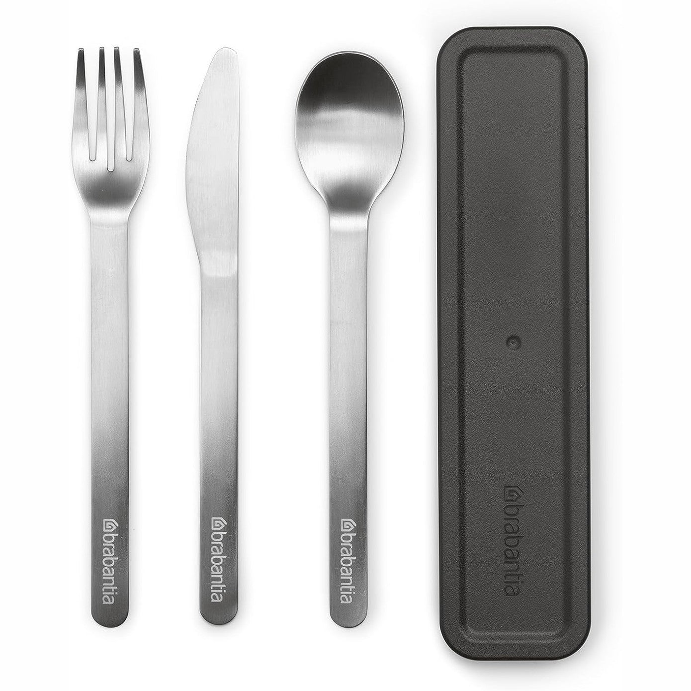 229860 - BRABANTIA - Set takëmesh për udhëtim me kuti - Thikë, lugë dhe pirun - Dizajn kompakt - Çelik inox - Mund të lahet në lavastovilje - Set takëmesh udhëtimi për 1 person - Gri e errët