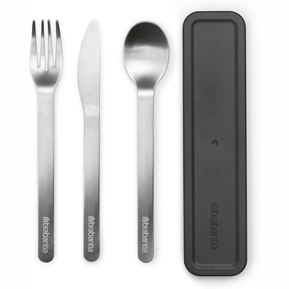229860 - BRABANTIA - Set takëmesh për udhëtim me kuti - Thikë, lugë dhe pirun - Dizajn kompakt - Çelik inox - Mund të lahet në lavastovilje - Set takëmesh udhëtimi për 1 person - Gri e errët