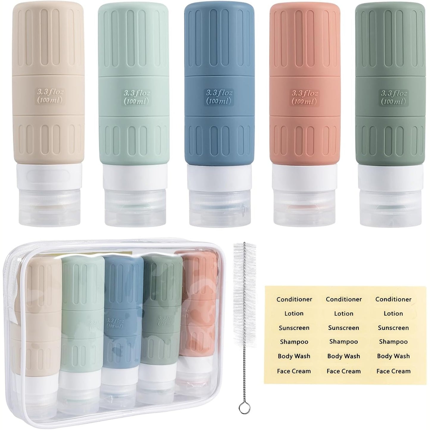 257731 - CAREHABI Shishe udhëtimi me 5 copë silikoni 100ml, të përshtatshme për aeroplan, enë bosh, shishe të rimbushshme për shampo, xhel dushi, locion, kozmetikë, bagazh dore