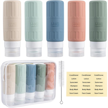 257731 - CAREHABI Shishe udhëtimi me 5 copë silikoni 100ml, të përshtatshme për aeroplan, enë bosh, shishe të rimbushshme për shampo, xhel dushi, locion, kozmetikë, bagazh dore