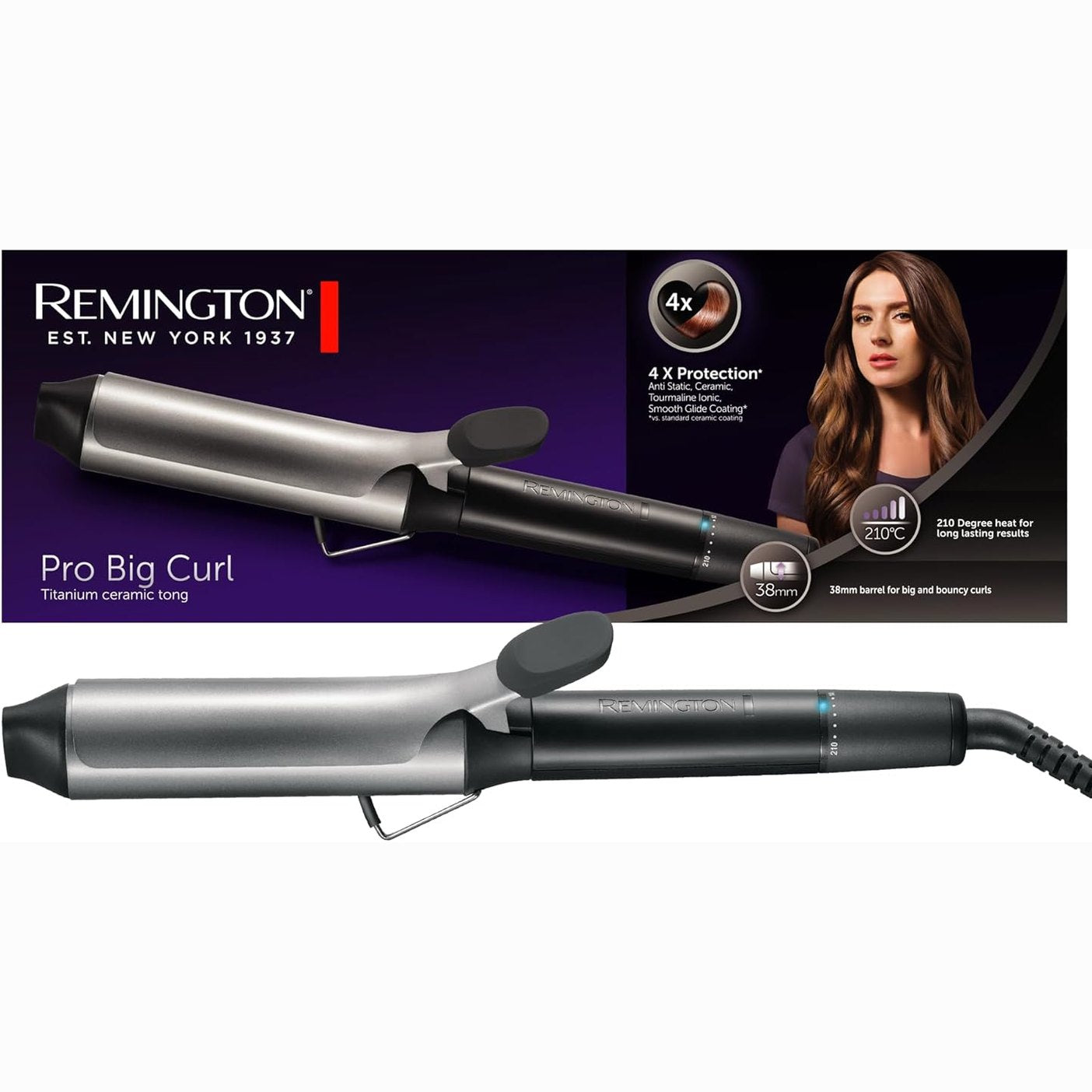 321248 - REMINGTON Hekur kaçurrelash Pro Big Curl - 38 mm, mbrojtje 4-fish, veshje antistatike qeramike-turmalinë, ekran dixhital deri në 210°C, me kapëse, ngjyra e zezë, CI5538