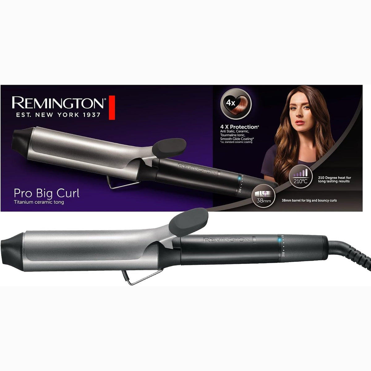 316649 - REMINGTON Hekur kaçurrelash për kaçurrela të mëdha [38 mm] Pro Big Curl, mbrojtje 4-fish, veshje antistatike qeramike-turmalinë, ekran dixhital deri në 210°C, me kapëse, valë natyrale, e zezë, CI5538