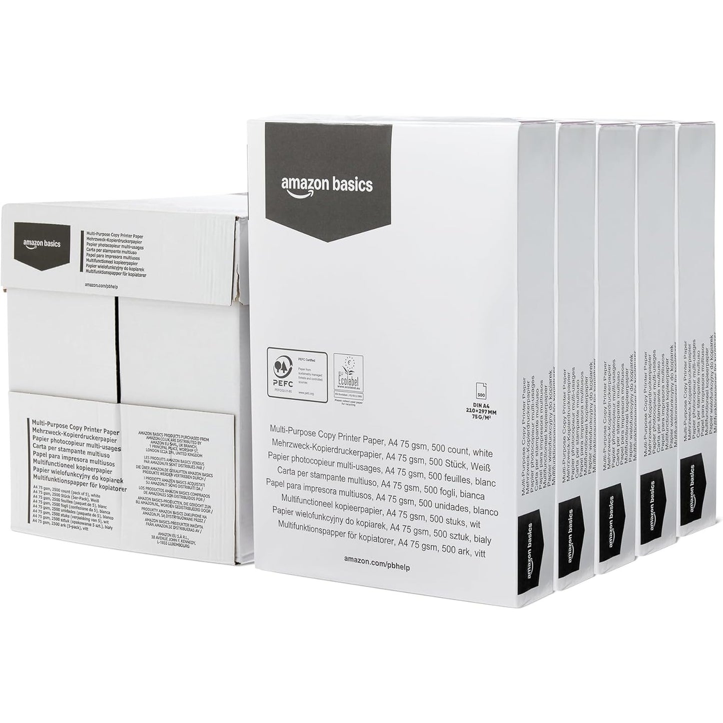 273639 - AMAZON BASICS Letër shumëpërdorimëshe për fotokopjim dhe printim, A4, 75g/m2, 2500 fletë (pako me 5), e bardhë