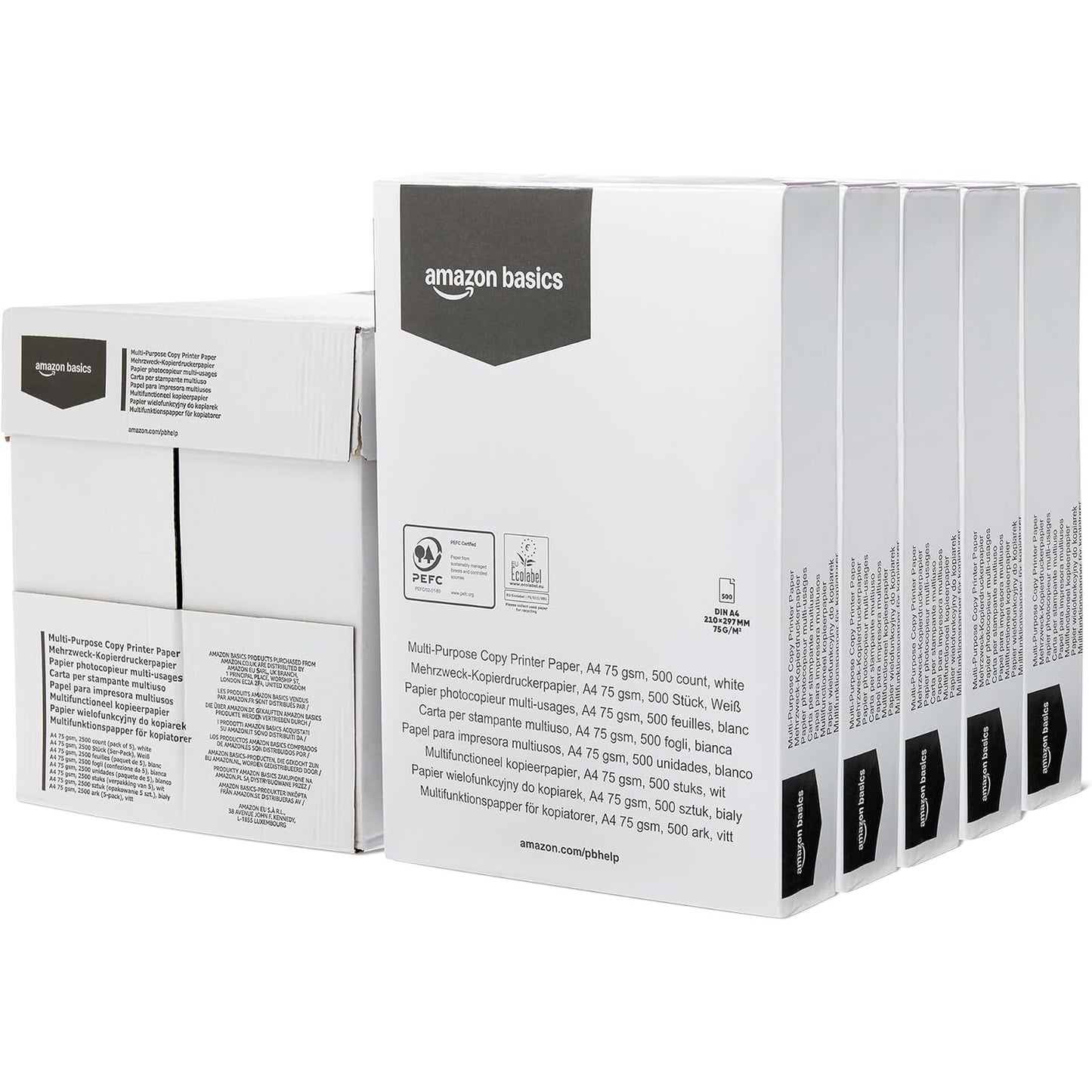 273640 - AMAZON BASICS Letër shumëpërdorimëshe për fotokopjim dhe printim, A4, 75g/m2, 2500 fletë (pako me 5), e bardhë