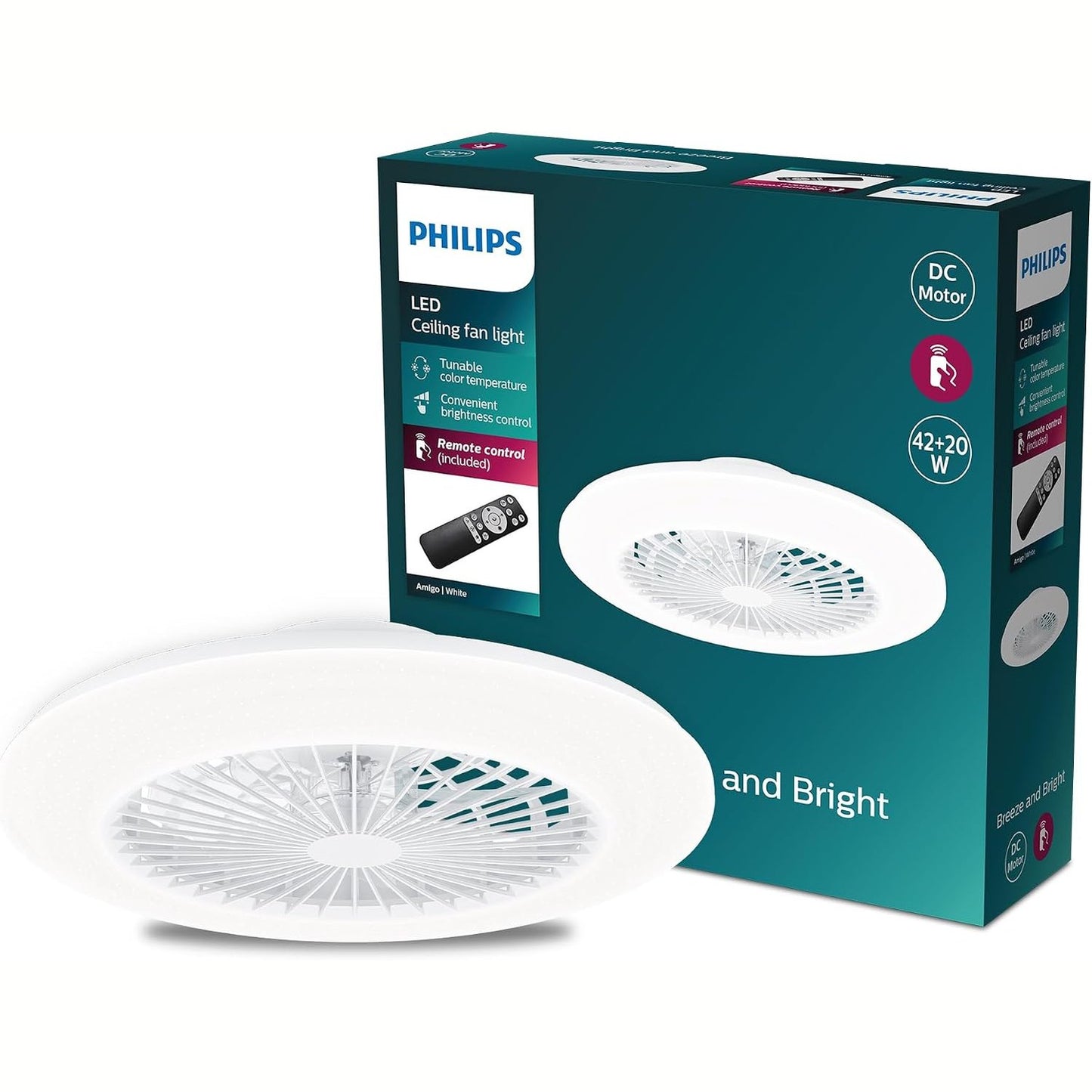 288145 - PHILIPS Ventilator Amigo, Ndriçim LED, Diametër 48.5 cm, Telekomandë, E bardhë