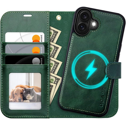 189386 - OCASE Mbështjellës Telefoni për iPhone 17, Premium 2-në-1 i Lëkurës PU, Magnetik me Kthesë, Karikim Pa Tel, Vend Karte, RFID, Funksion Mbështetëse, Mbrojtëse - Jeshile e Errët