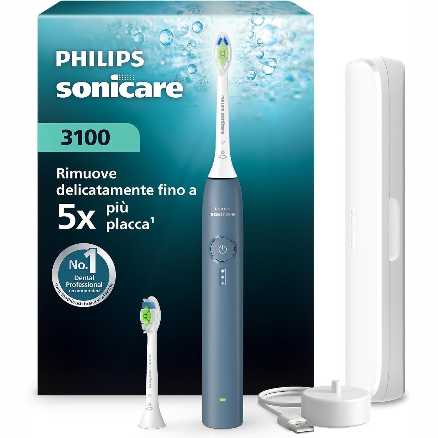 320985 - PHILIPS Sonicare Series 3100 – Furçë dhëmbësh Sonic me sensor presioni, 3 nivele intensiteti, EasyStart, SmartTimer, kohëzgjatje funksionimi 14-ditore, çantë udhëtimi, blu e errët, HX4034/24