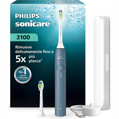 320985 - PHILIPS Sonicare Series 3100 – Furçë dhëmbësh Sonic me sensor presioni, 3 nivele intensiteti, EasyStart, SmartTimer, kohëzgjatje funksionimi 14-ditore, çantë udhëtimi, blu e errët, HX4034/24