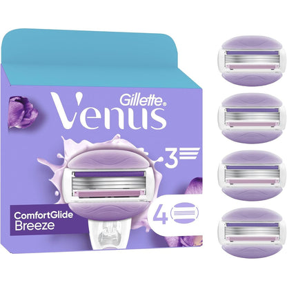 317766 - GILLETTE Brisqe rroje Venus për femra, pako me 4 mbushje ComfortGlide Breeze – fishek me shkopinj xheli të aromatizuar, shirit lubrifikues, shkumë dhe rroje, 1 mbushje zgjat deri në 30 ditë