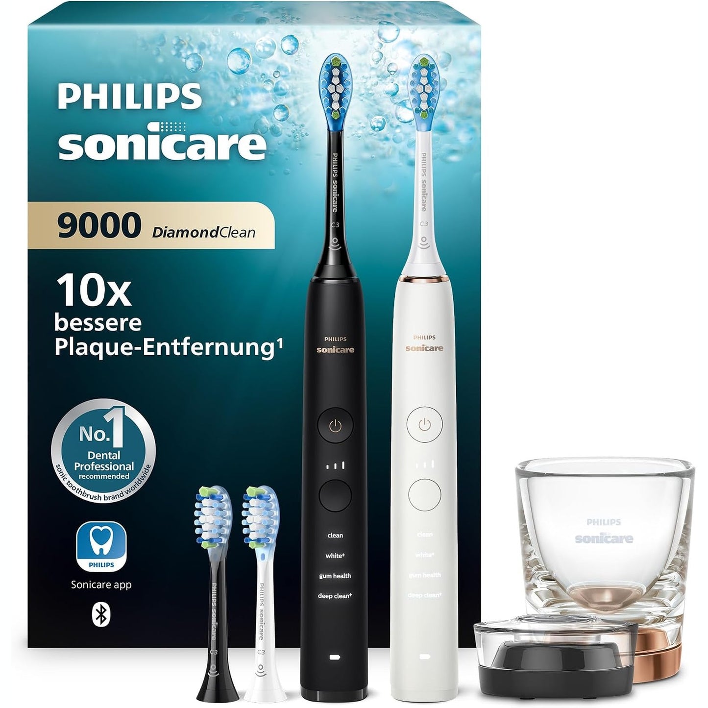 315037 - PHILIPS Furçë dhëmbësh elektrike Sonicare DiamondClean 9000, pako me dy pjesë, furçë dhëmbësh sonike me aplikacion, sensor presioni, 4 mënyra pastrimi, 3 nivele intensiteti, ari i zi dhe rozë, modeli HX9914/61